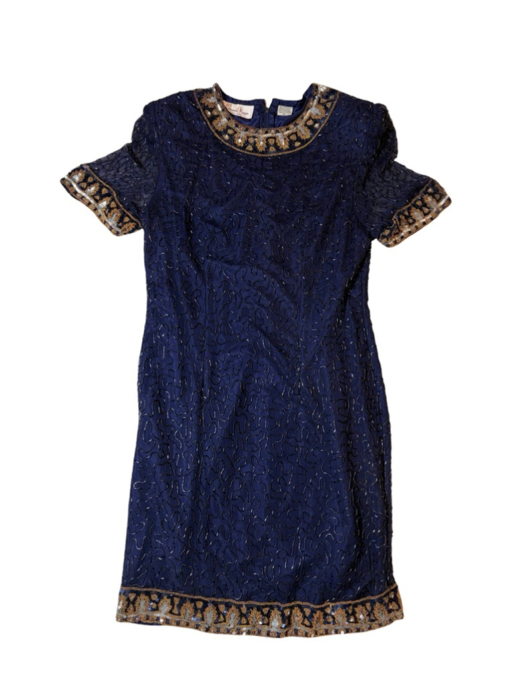Laurence Kazar Silk Beaded Dress XL Navy Gold Sequin Vintage Cocktail Party